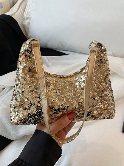 Fashionable Solid-Color Metal Chain Straw Crescent Moon Tote Bag, Women's Multi-Purpose Handbag, Clutch, Beach Bag, Casual Straw Handbag, Phone Pouch