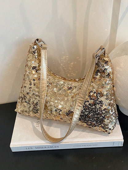 Fashionable Solid-Color Metal Chain Straw Crescent Moon Tote Bag, Women's Multi-Purpose Handbag, Clutch, Beach Bag, Casual Straw Handbag, Phone Pouch