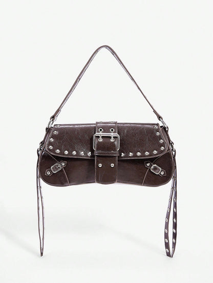 SHEIN X Lucía Bellido SHEIN SXY Fashionable Black Stud Shoulder Bag For Women, Versatile, Shopping Bag, Cool, Street Bag, Teenagers