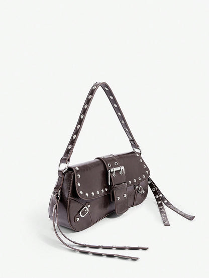 SHEIN X Lucía Bellido SHEIN SXY Fashionable Black Stud Shoulder Bag For Women, Versatile, Shopping Bag, Cool, Street Bag, Teenagers