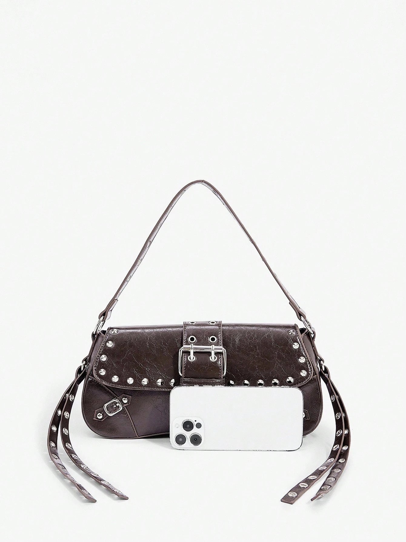 SHEIN X Lucía Bellido SHEIN SXY Fashionable Black Stud Shoulder Bag For Women, Versatile, Shopping Bag, Cool, Street Bag, Teenagers