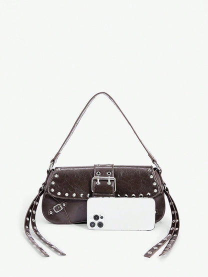 SHEIN X Lucía Bellido SHEIN SXY Fashionable Black Stud Shoulder Bag For Women, Versatile, Shopping Bag, Cool, Street Bag, Teenagers