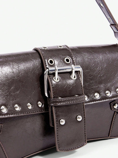 SHEIN X Lucía Bellido SHEIN SXY Fashionable Black Stud Shoulder Bag For Women, Versatile, Shopping Bag, Cool, Street Bag, Teenagers