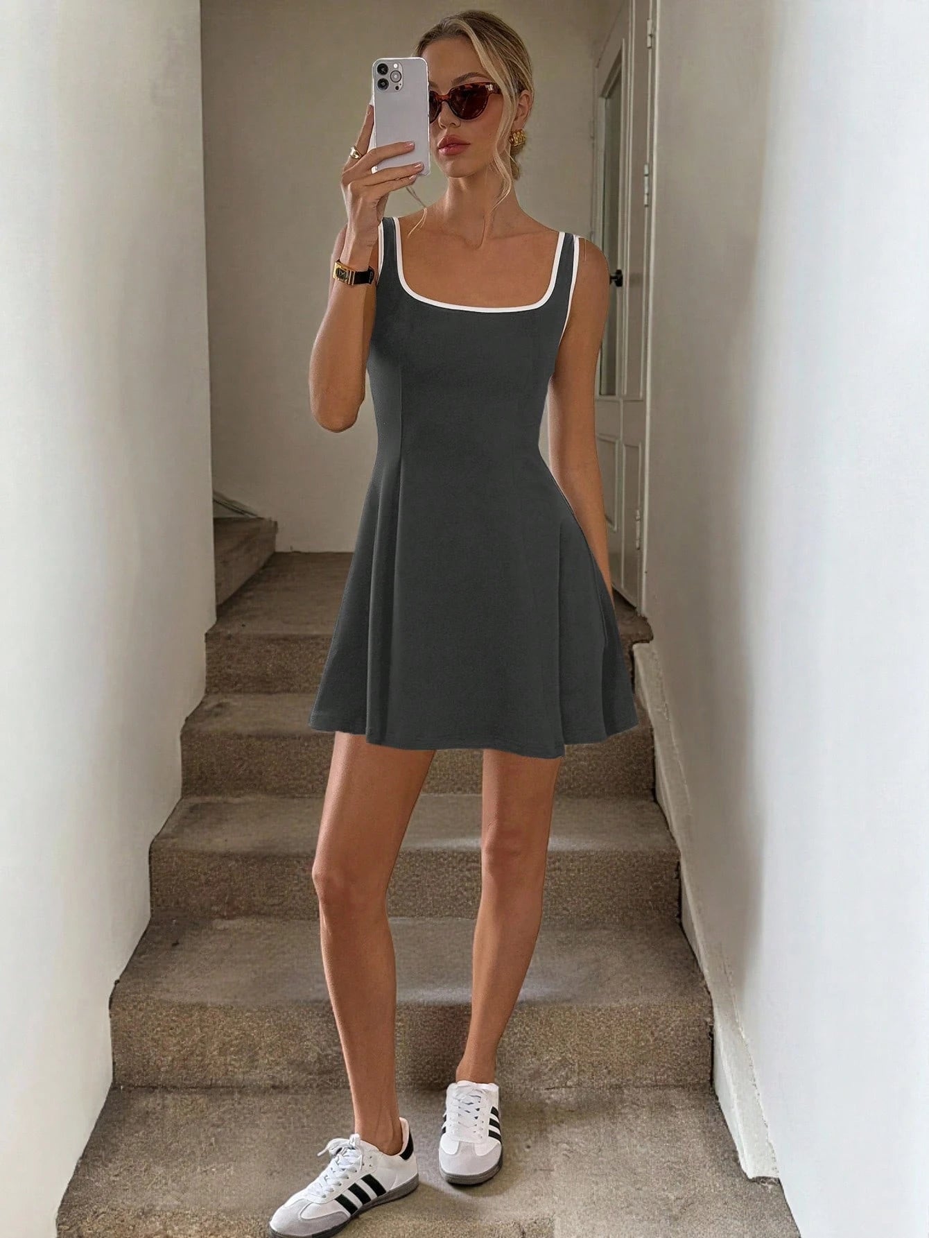 Easowa Square Neck Color-Blocking Waist Ruffle A-Line Casual Sports Women Short Dress