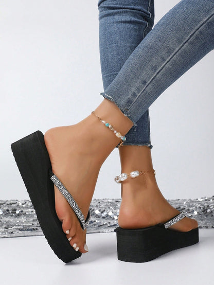 Women's Summer Fashion Thick Heel Platform Wedge High Heel Flip-Flops Beach Slipper With Slip-Resistant Sole, Perfect For Outdoor Beach Wedding