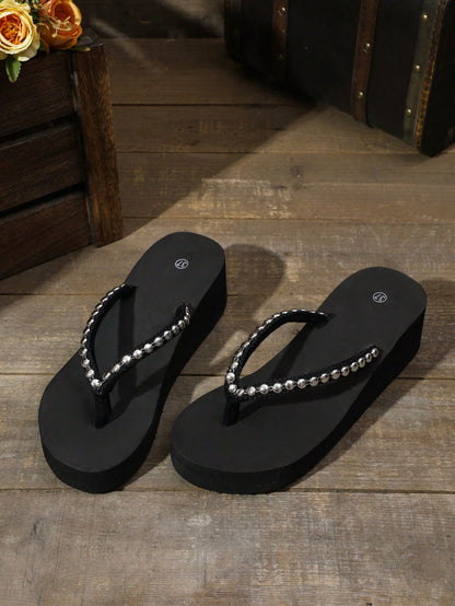 Women's Summer Fashion Thick Heel Platform Wedge High Heel Flip-Flops Beach Slipper With Slip-Resistant Sole, Perfect For Outdoor Beach Wedding