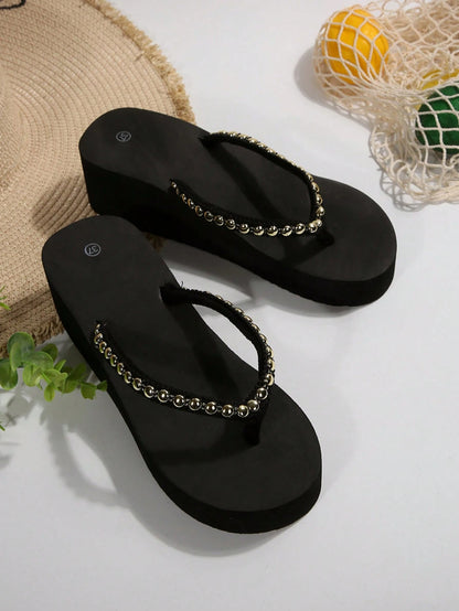 Women's Summer Fashion Thick Heel Platform Wedge High Heel Flip-Flops Beach Slipper With Slip-Resistant Sole, Perfect For Outdoor Beach Wedding