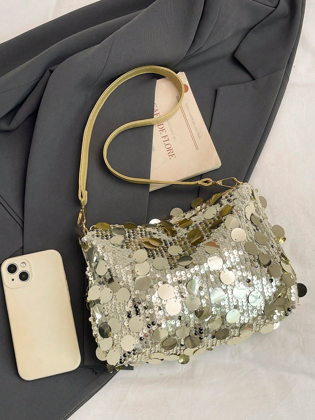 1pc Gold-Tone Glittery Crescent Moon Shape PVC Shoulder Bag For Women