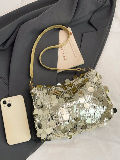 1pc Gold-Tone Glittery Crescent Moon Shape PVC Shoulder Bag For Women