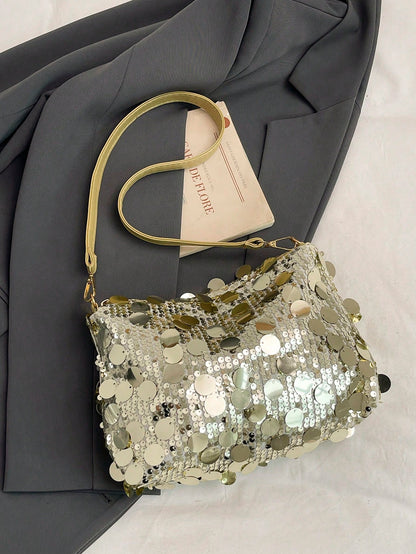 1pc Gold-Tone Glittery Crescent Moon Shape PVC Shoulder Bag For Women