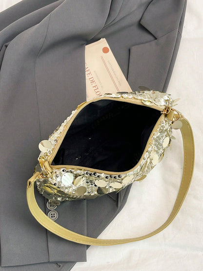 1pc Gold-Tone Glittery Crescent Moon Shape PVC Shoulder Bag For Women