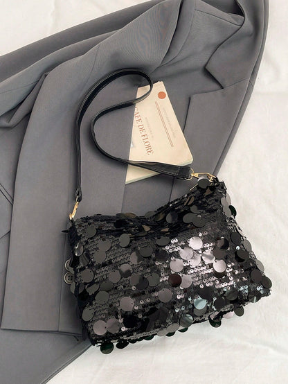 1pc Gold-Tone Glittery Crescent Moon Shape PVC Shoulder Bag For Women