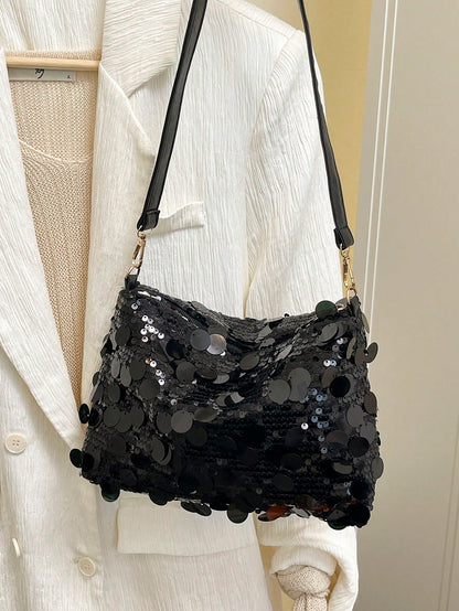 1pc Gold-Tone Glittery Crescent Moon Shape PVC Shoulder Bag For Women