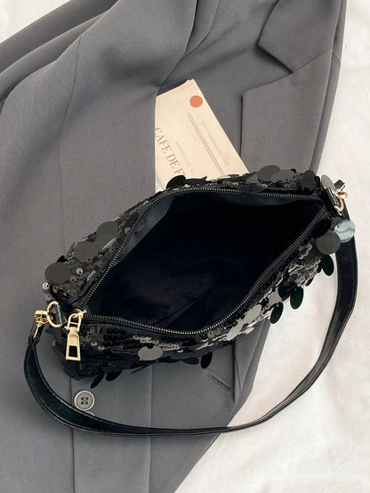 1pc Gold-Tone Glittery Crescent Moon Shape PVC Shoulder Bag For Women