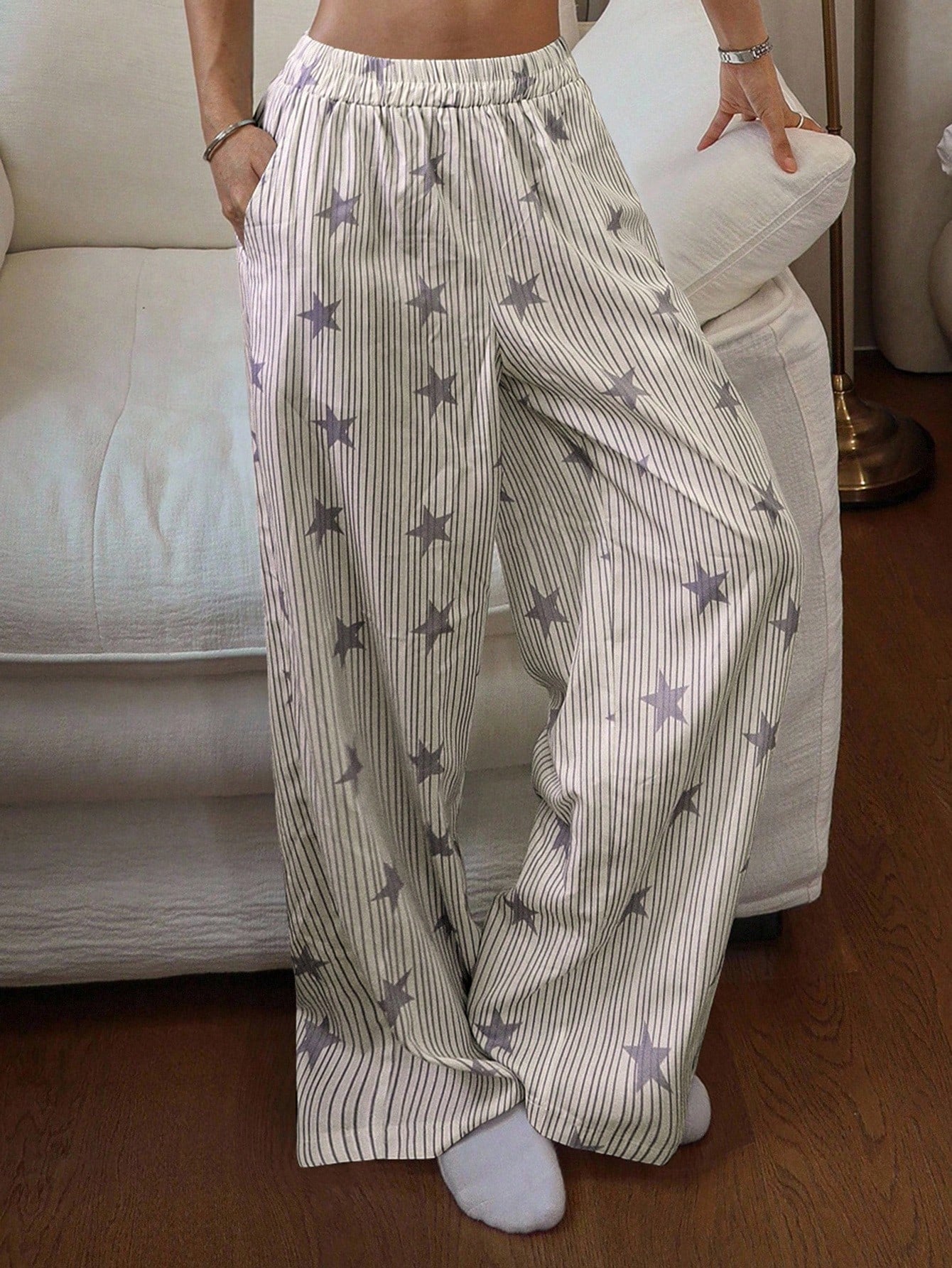 DAZY Striped & Star Print Loose Fit Pajama Pants For Women