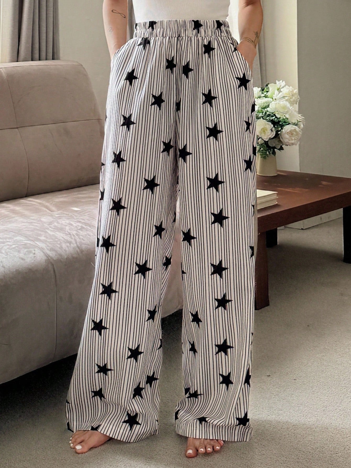 DAZY Striped & Star Print Loose Fit Pajama Pants For Women