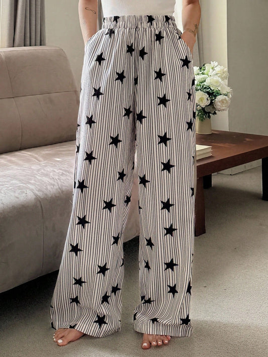 DAZY Striped & Star Print Loose Fit Pajama Pants For Women
