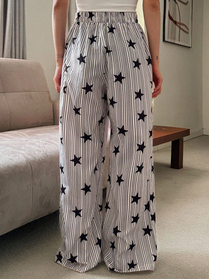 DAZY Striped & Star Print Loose Fit Pajama Pants For Women