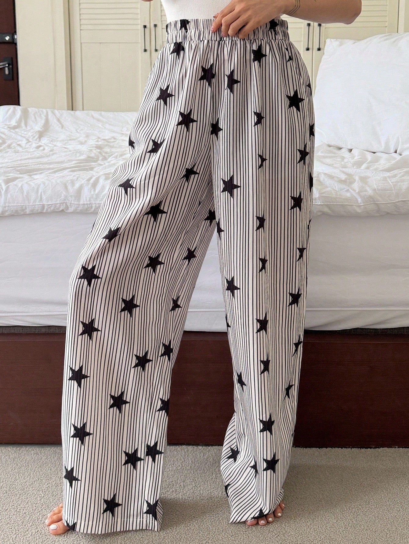 DAZY Striped & Star Print Loose Fit Pajama Pants For Women