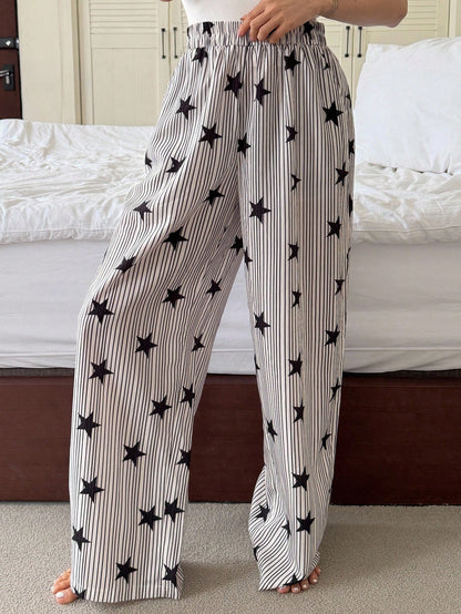DAZY Striped & Star Print Loose Fit Pajama Pants For Women