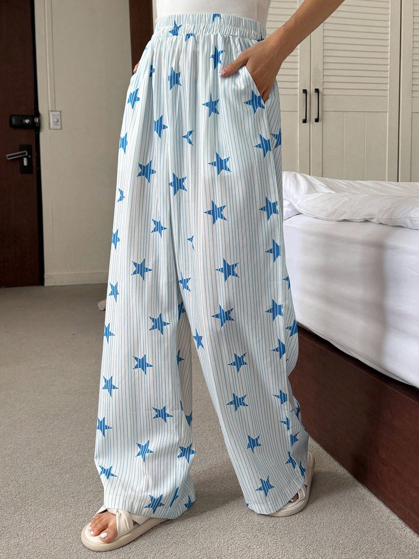 DAZY Striped & Star Print Loose Fit Pajama Pants For Women