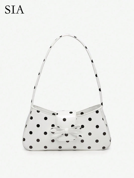 1pc Vintage Minimalist Ballet Style Bow Leopard Print Exposed Lining Yellow Polka Dot Angora Decor Shoulder Baguette Bag, Suitable For Dates, Outings, Parties, Valentine's Day