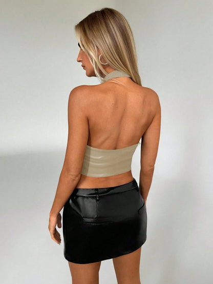 Aloruh Women Buckle Front Backless Crop PU Leather Halter Top