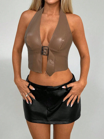 Aloruh Women Buckle Front Backless Crop PU Leather Halter Top