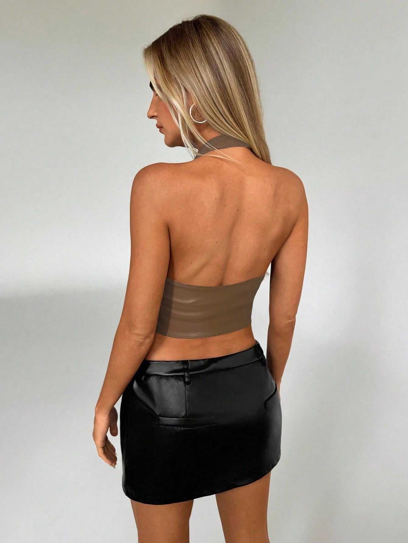 Aloruh Women Buckle Front Backless Crop PU Leather Halter Top