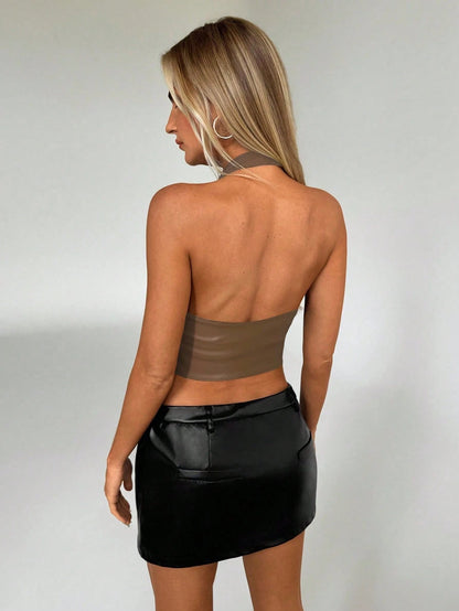 Aloruh Women Buckle Front Backless Crop PU Leather Halter Top