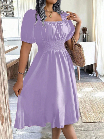 Chiquease 1pc Women Square Collar Puff Sleeve Cinched Waist Palazzo Green Dress, Spring/Summer