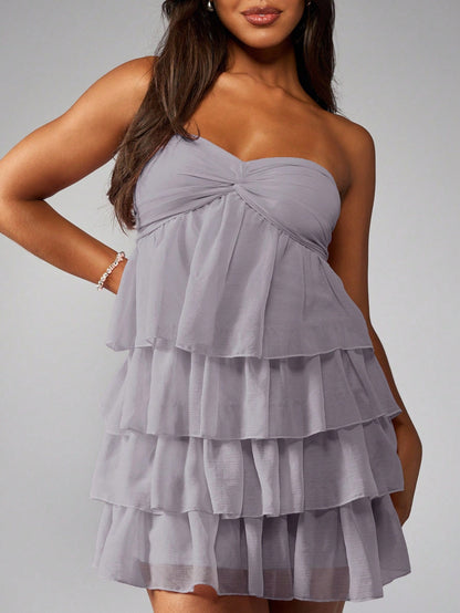 MISSGUIDED Strapless Mini Dress Tiered Ruffle Party Cocktail Wedding Guest Bridesmaid Twist Front Empire Waist