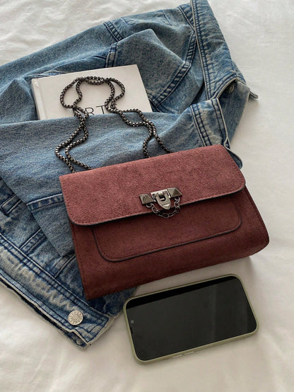 1pc Minimalist Fashion Indentation Diamond Shape Square Bag Lock Closure Flap Opening Metal Chain Shoulder Bag Suitable For Women's Daily Casual Use