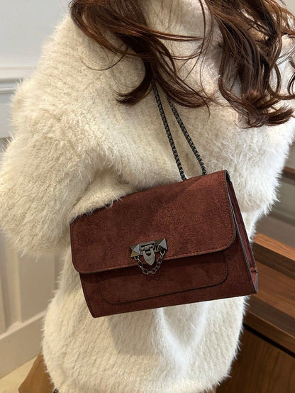 1pc Minimalist Fashion Indentation Diamond Shape Square Bag Lock Closure Flap Opening Metal Chain Shoulder Bag Suitable For Women's Daily Casual Use