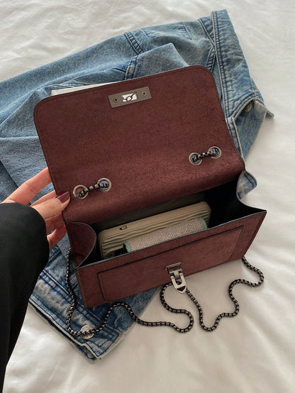 1pc Minimalist Fashion Indentation Diamond Shape Square Bag Lock Closure Flap Opening Metal Chain Shoulder Bag Suitable For Women's Daily Casual Use