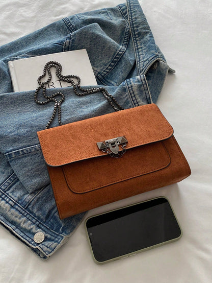 1pc Minimalist Fashion Indentation Diamond Shape Square Bag Lock Closure Flap Opening Metal Chain Shoulder Bag Suitable For Women's Daily Casual Use