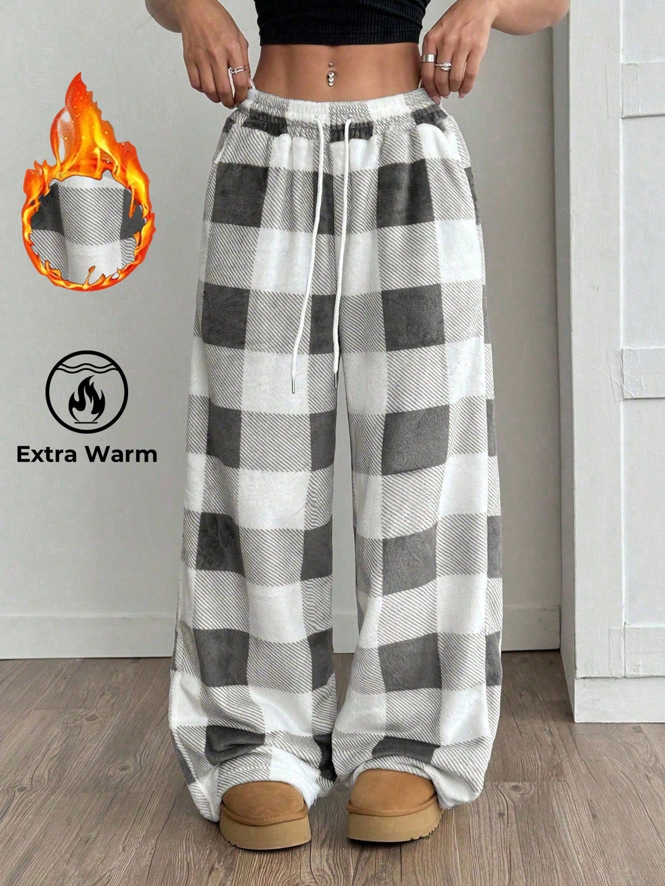 Coolane Women's Fall/Winter Streetwear Going Out Vintage Back To School Casual Front Tie Plaid Pocket Trousers With Fleece