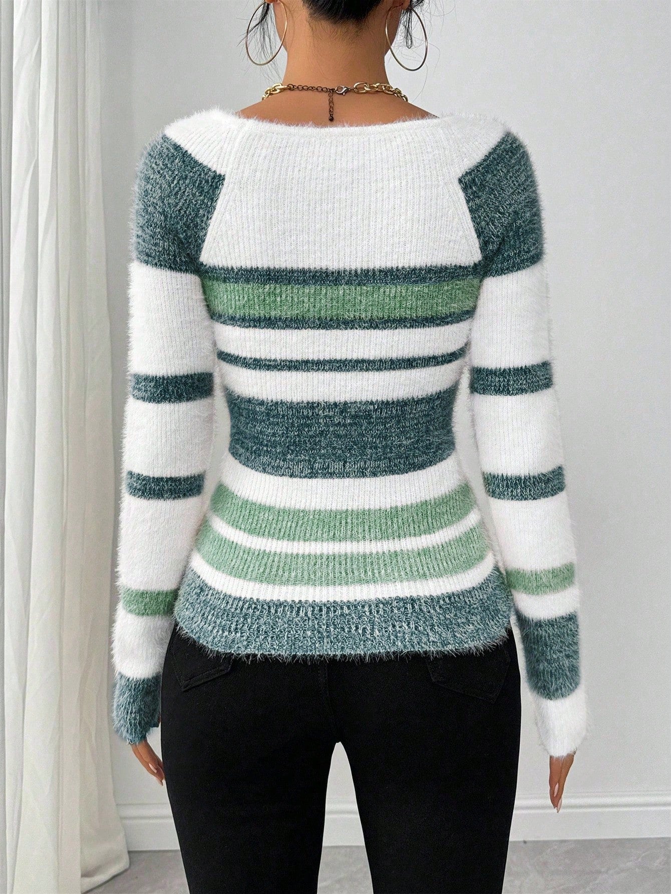 Chiquease Women Striped Minimalist Pullover Sweater, Casual Daily Wear,Long Sleeve Tops Knit Pullover Fall Winter Outfit