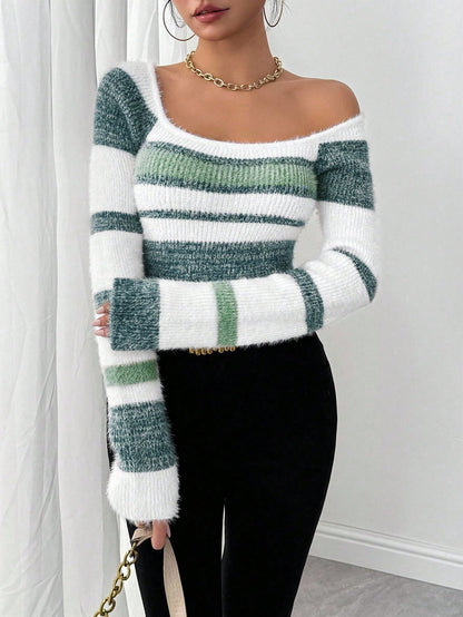 Chiquease Women Striped Minimalist Pullover Sweater, Casual Daily Wear,Long Sleeve Tops Knit Pullover Fall Winter Outfit