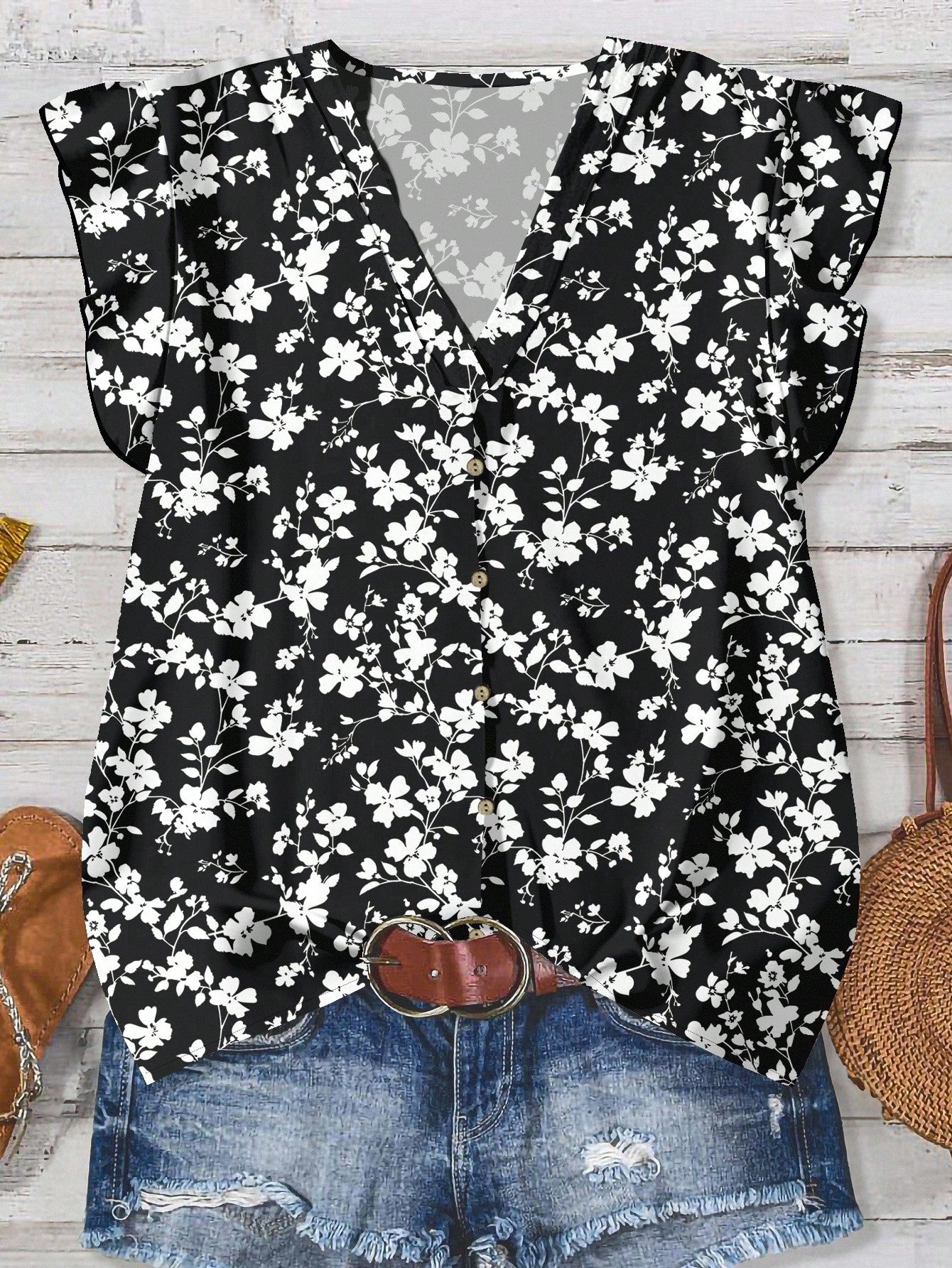 EMERY ROSE Women's Floral & Maple Leaf Print Casual Shirt, Suitable For Autumn,Fall Clothes For Women