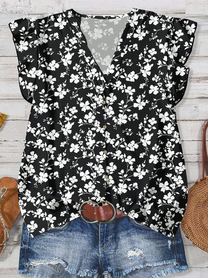 EMERY ROSE Women's Floral & Maple Leaf Print Casual Shirt, Suitable For Autumn,Fall Clothes For Women