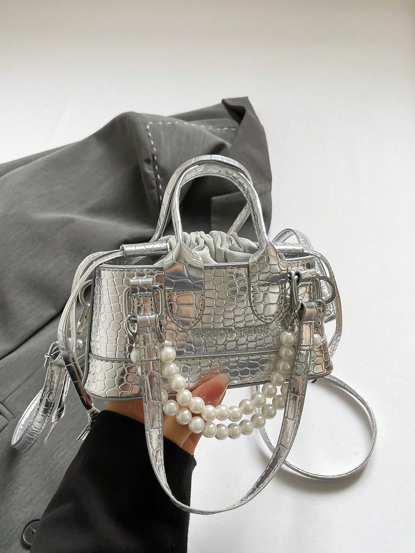 Crocodile Embossed Bucket Bag Mini Drawstring Design Funky