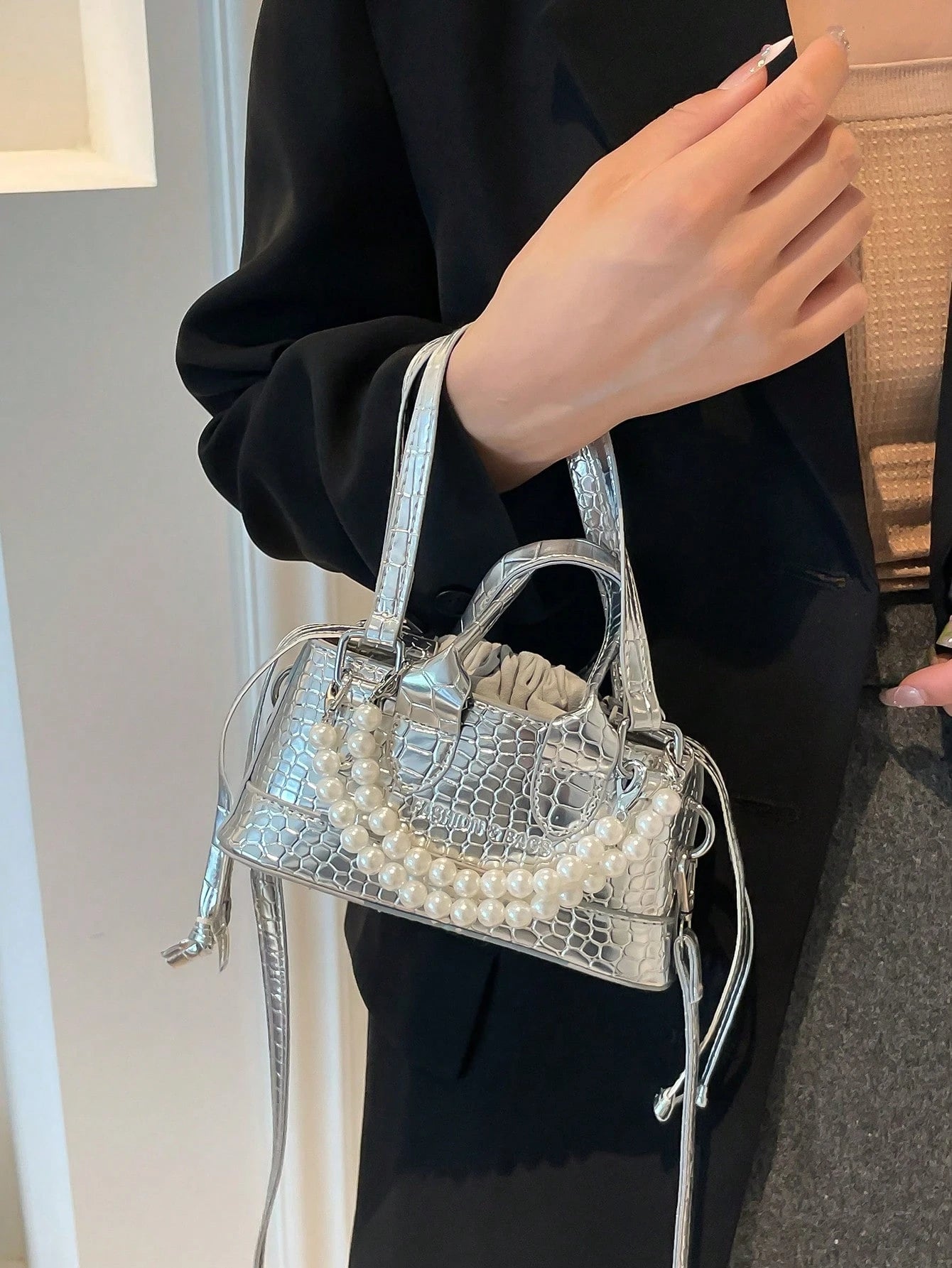 Crocodile Embossed Bucket Bag Mini Drawstring Design Funky