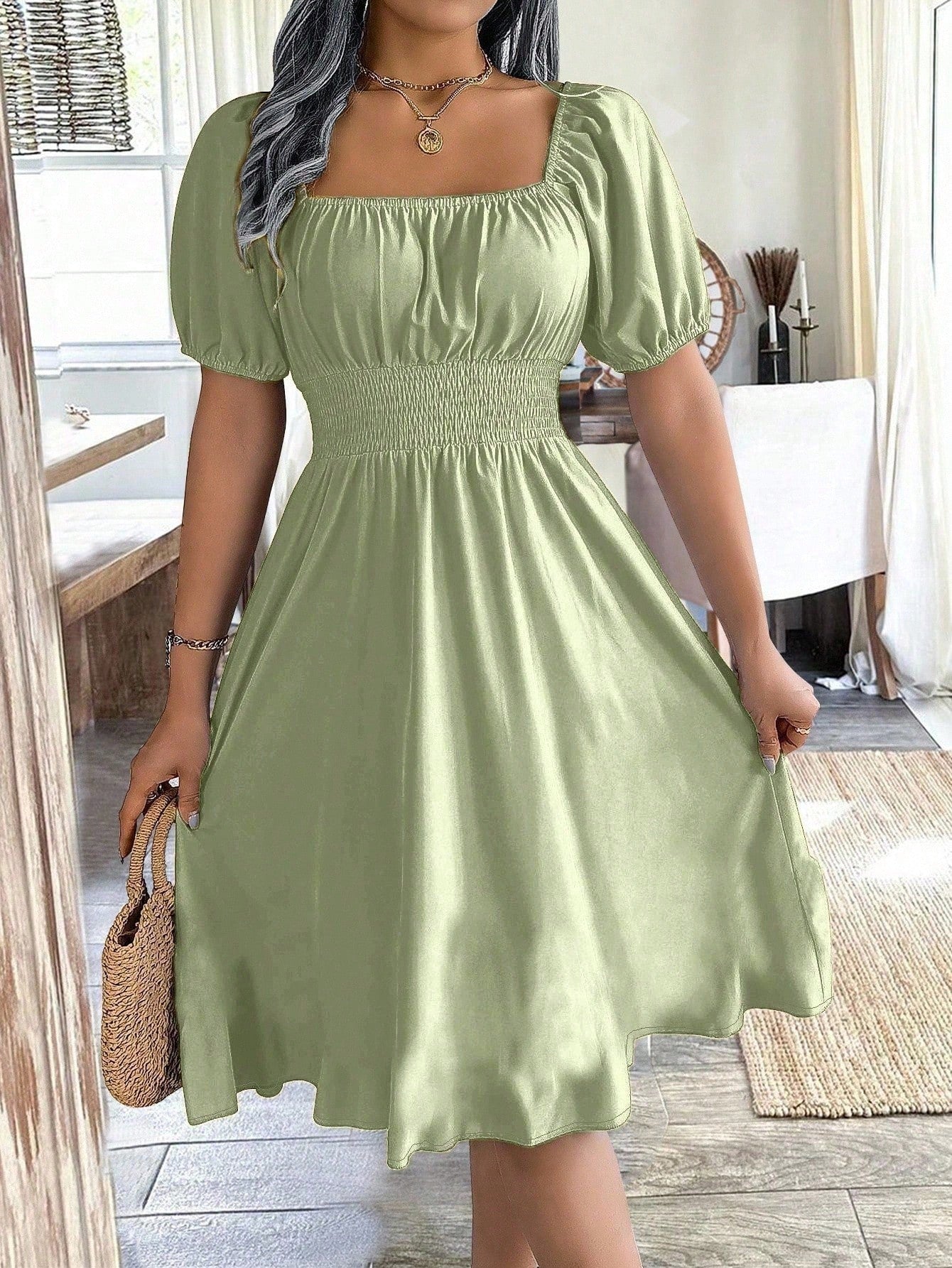 Chiquease 1pc Women Square Collar Puff Sleeve Cinched Waist Palazzo Green Dress, Spring/Summer
