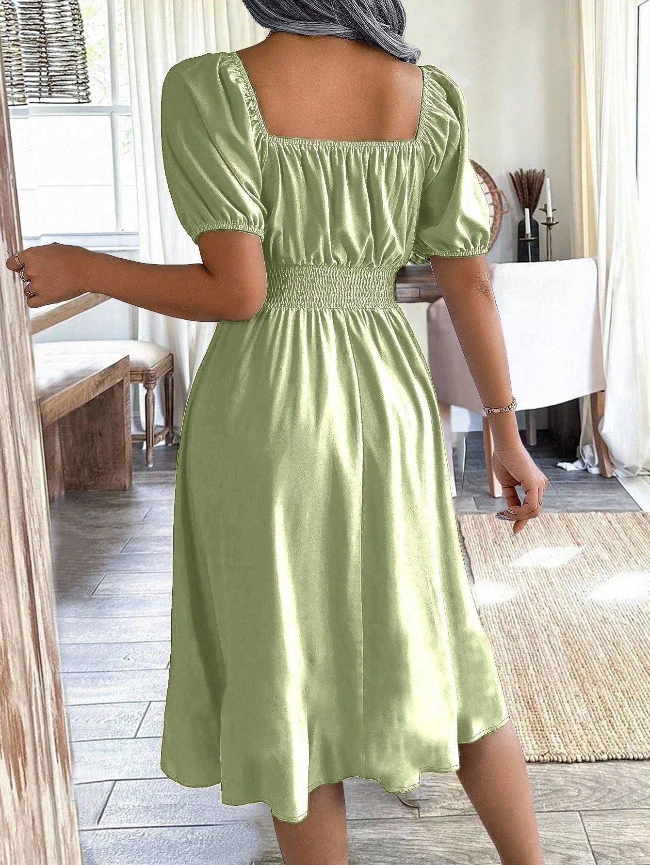 Chiquease 1pc Women Square Collar Puff Sleeve Cinched Waist Palazzo Green Dress, Spring/Summer