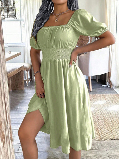 Chiquease 1pc Women Square Collar Puff Sleeve Cinched Waist Palazzo Green Dress, Spring/Summer