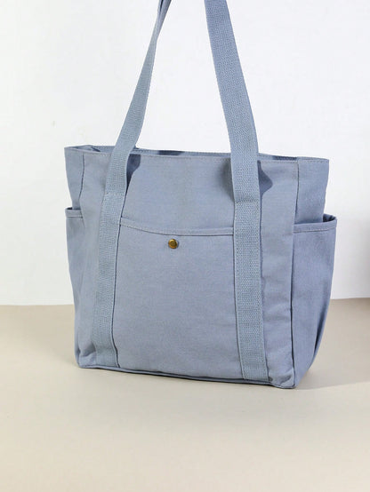 SHEIN X Milania Multi Pocket Tote Bag For Women Canvas Bag With Handle Bag Large Capacity Purse Reusable Handbag, Canvas Tote Bag, Perfect For Daily Use And Travel, Tote Bags For Students, Multiple Compartments, Perfect For Beach