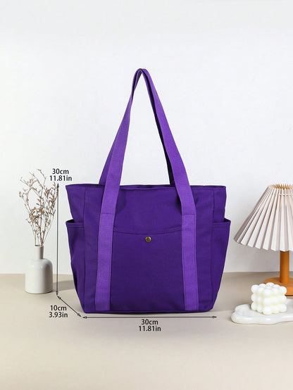 SHEIN X Milania Multi Pocket Tote Bag For Women Canvas Bag With Handle Bag Large Capacity Purse Reusable Handbag, Canvas Tote Bag, Perfect For Daily Use And Travel, Tote Bags For Students, Multiple Compartments, Perfect For Beach