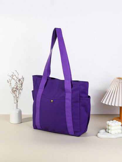 SHEIN X Milania Multi Pocket Tote Bag For Women Canvas Bag With Handle Bag Large Capacity Purse Reusable Handbag, Canvas Tote Bag, Perfect For Daily Use And Travel, Tote Bags For Students, Multiple Compartments, Perfect For Beach