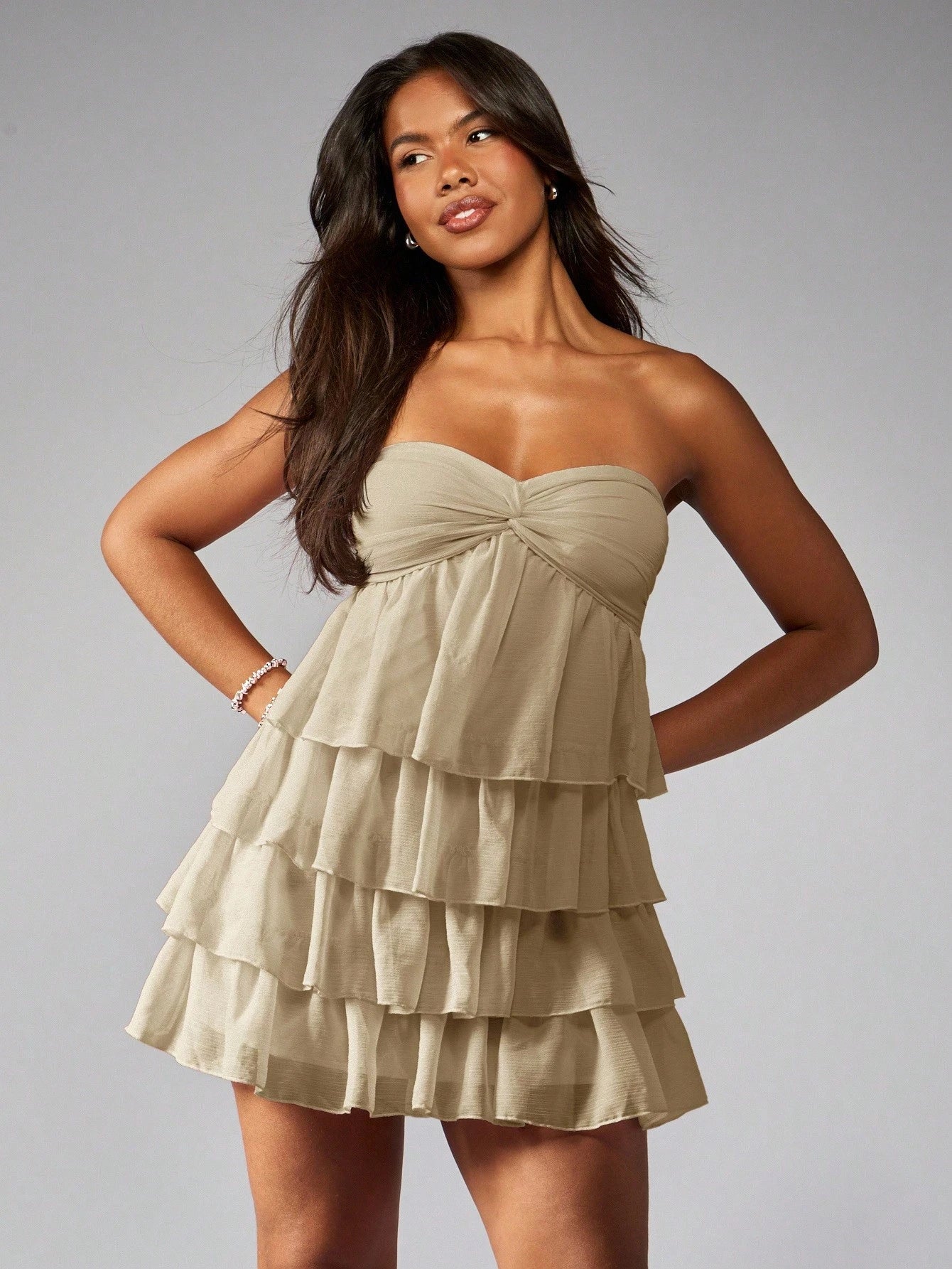 MISSGUIDED Strapless Mini Dress Tiered Ruffle Party Cocktail Wedding Guest Bridesmaid Twist Front Empire Waist
